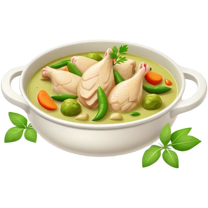 Cinematic Realistic Green Chicken Curry Dish Emoji, depicted with tender chicken simmered in a fragrant green curry sauce with vegetables rendered with rich textures and dynamic, vibrant lighting. emoji