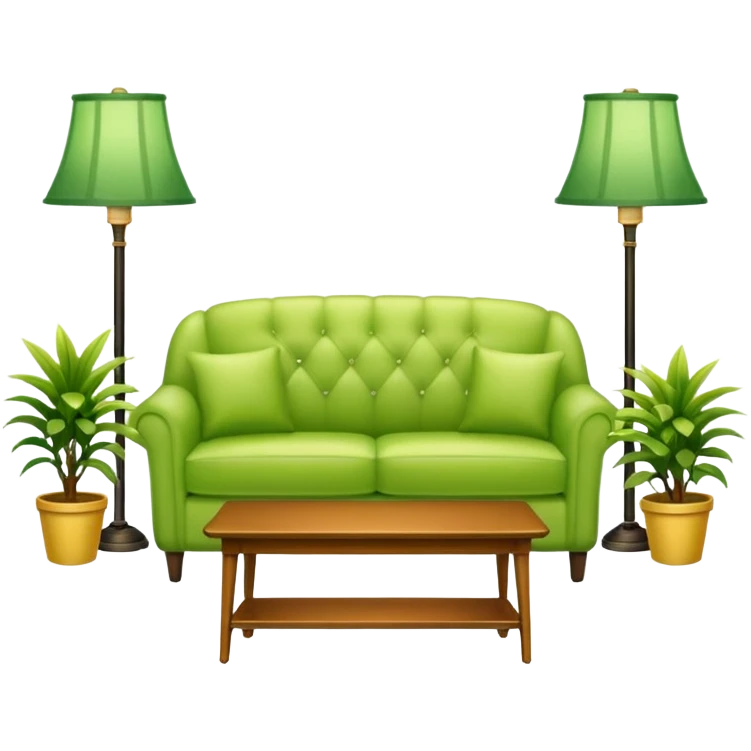 living room in ios emoji style

no TV, and make the couch a light green color

there is a lamp on one side and some plants on the other side emoji