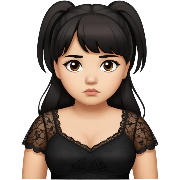 Latina girl with bangs black long hair in pony tail plus size black lace dress disappointed  emoji