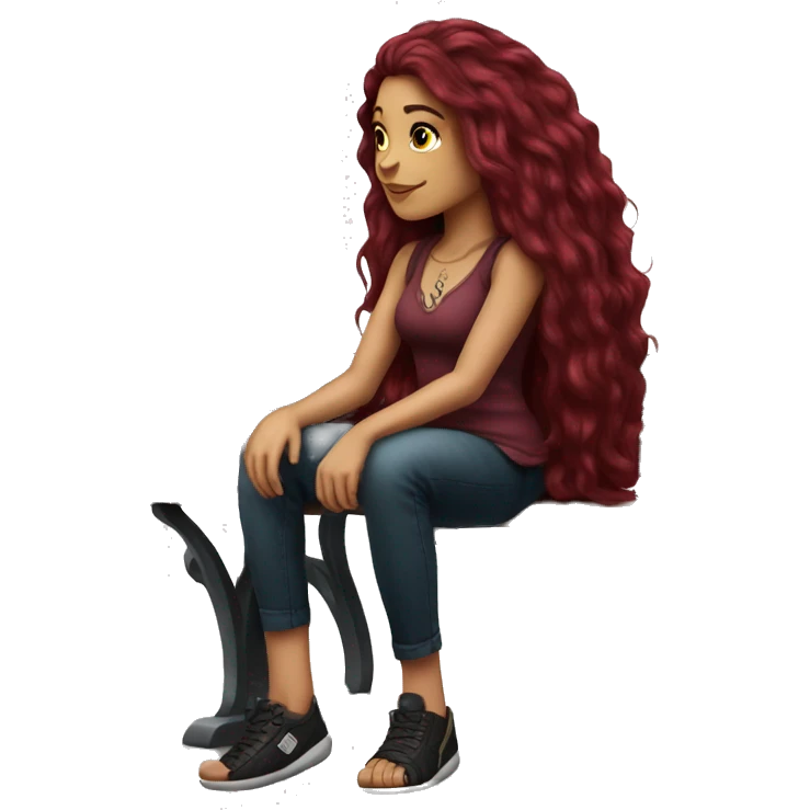 Beautiful tattooed burgundy long haired woman sitting on a bench emoji