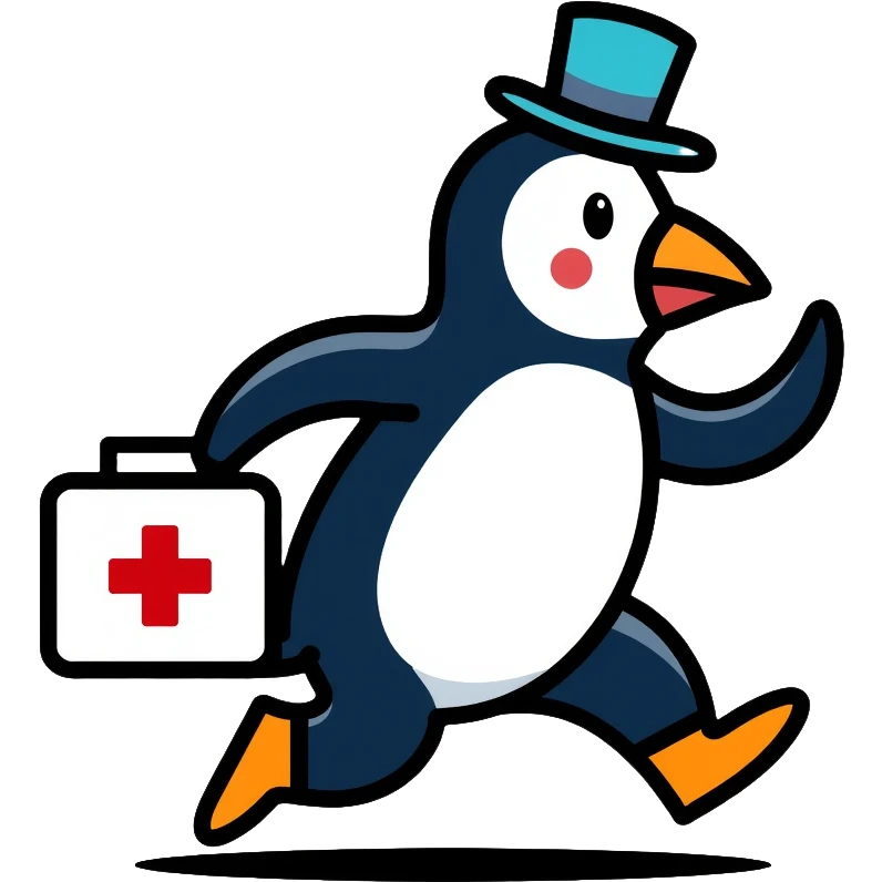 Side view of a penguin doctor running, wearing a top hat, holding a medical box with a red cross emoji