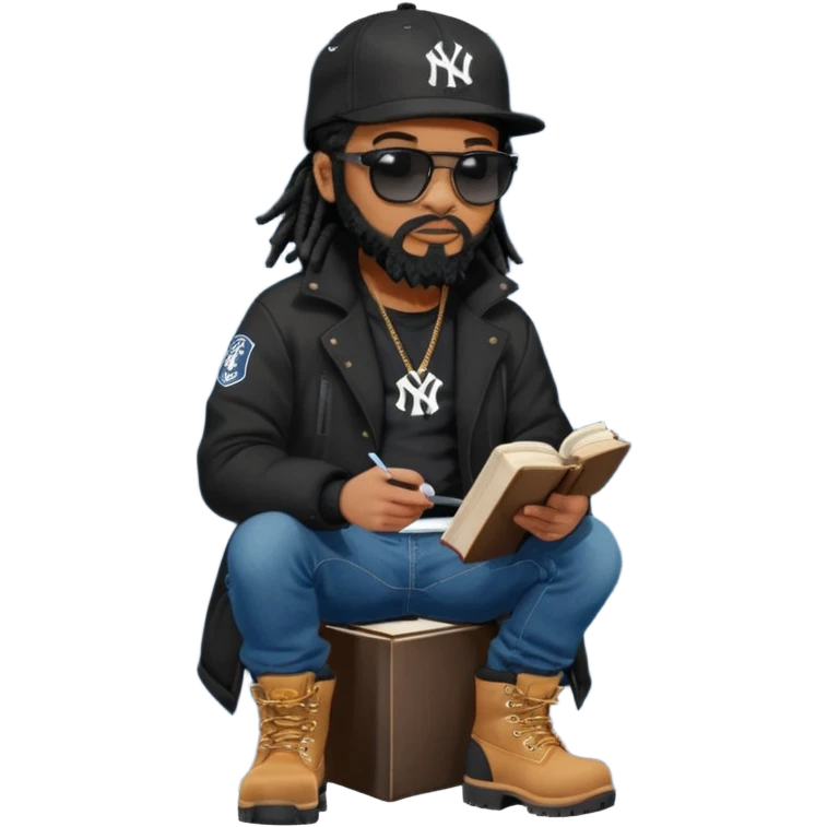 African American man with shoulder length black dreadlocks with black beard wearing black sunglasses wearing a black bubble winter coat wearing a black New York Yankees logo baseball cap wearing denim skinny jeans and Timberland boots reading a Bible emoji