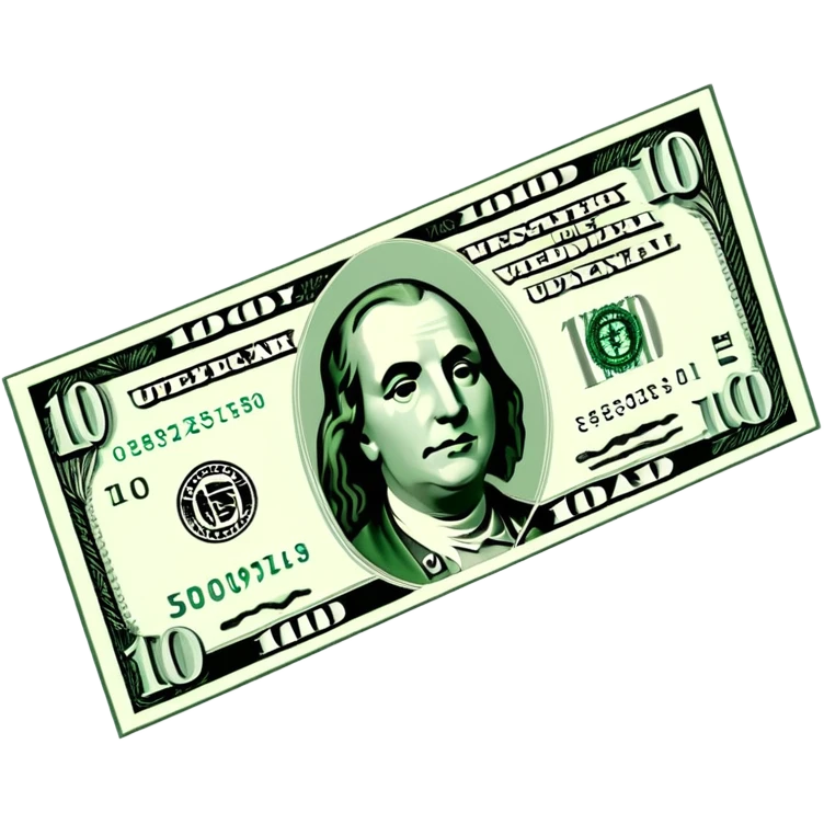 3D realistic US 100 dollar bill sticker, slight perspective, centered, clean cutout, transparent background, no text, no watermark emoji