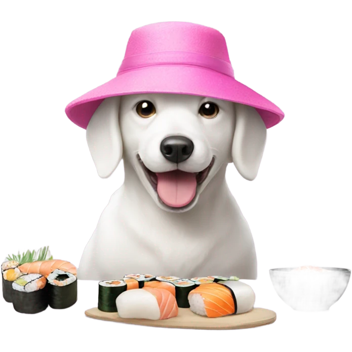 white Dog with a pink hat eating sushi emoji