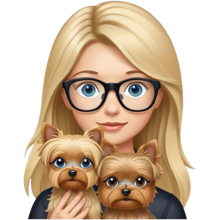 Hyper Photo Realistic Blonde balayage long hair women with blue eyes wearing glasses and holding a Yorkshire terrier  emoji