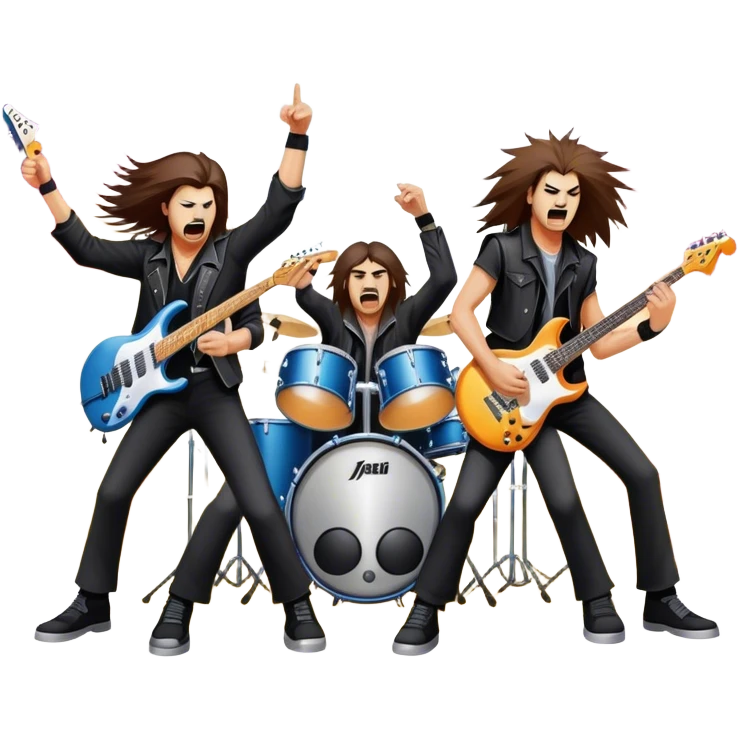 Icon for Heavy Metal Music: 4 men band on stage with electric guitars, drums and intense lighting. 4 Musicians headbanging, surrounded by energy and stage effects, capturing the power and intensity of a metal concert. Transparent background. emoji