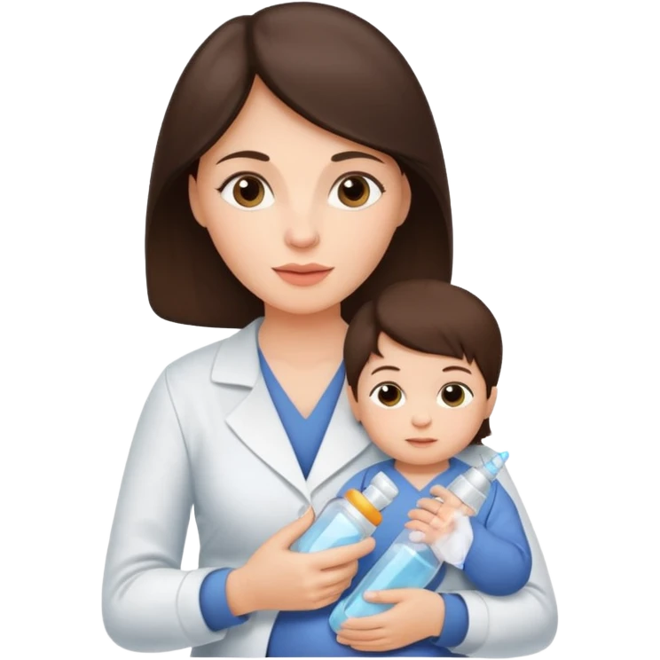 Brunette Mother holding a baby bottle with milk and a vaccine syringe emoji
