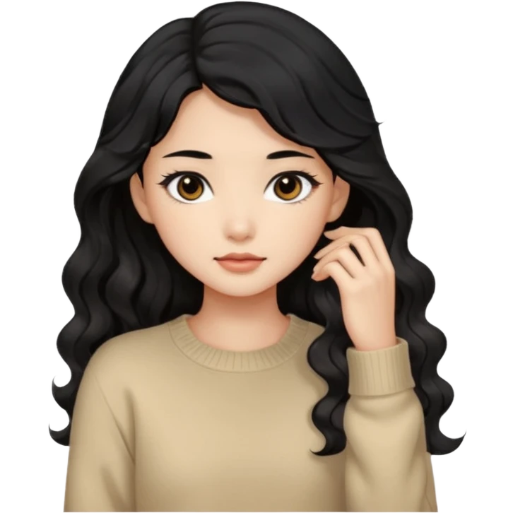 Beautiful girl,Black hair,wavy hair，long hair,Black eyes,Chinese, beige sweater  emoji