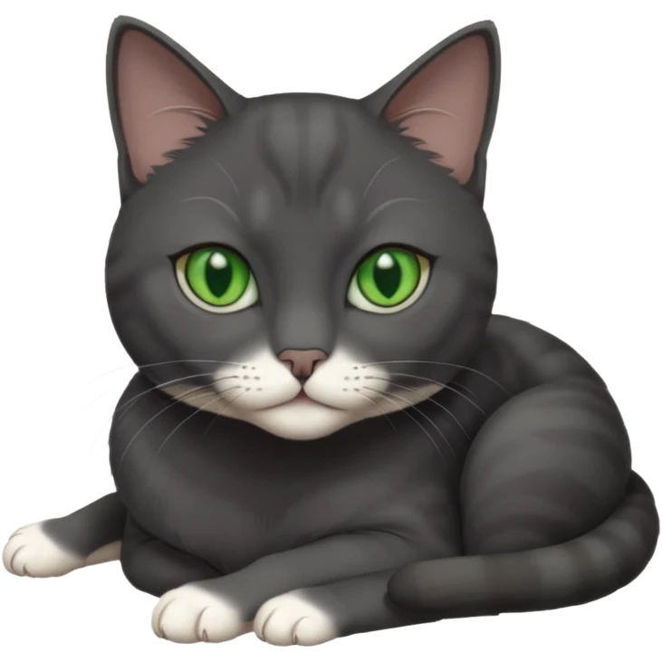 beautiful female solid dark grey cat with green eyes, white toes/paws and white patch on her chest lying down emoji