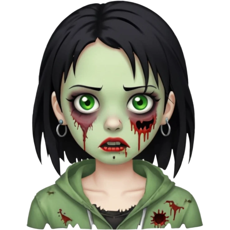 quero que me faça igual a anterior, como um zumbi, porém, a menina deverá ter cabelos pretos e olhos verdes, e um piercing na sobrancelha e um na boca emoji