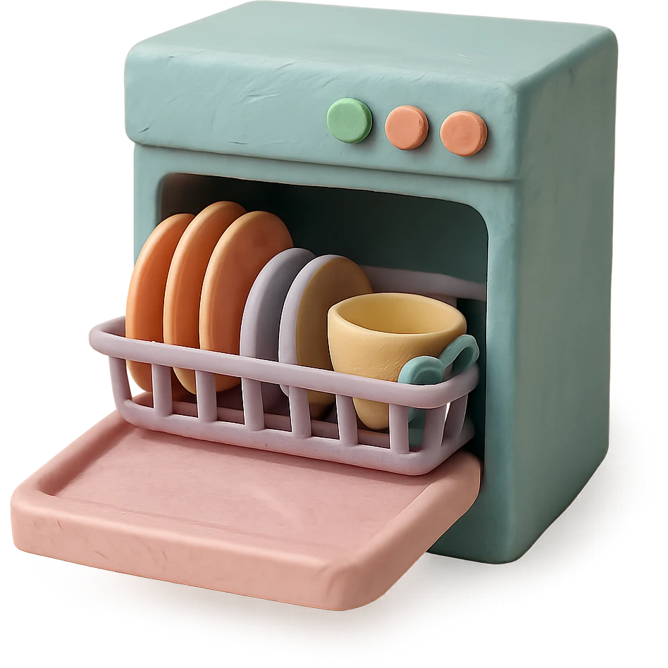 claymation style dishwasher with open door and clean dishes inside, pastel colors, visible fingerprints, soft matte finish emoji