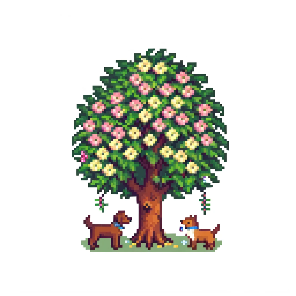 blooming tree with dogs playing around it emoji