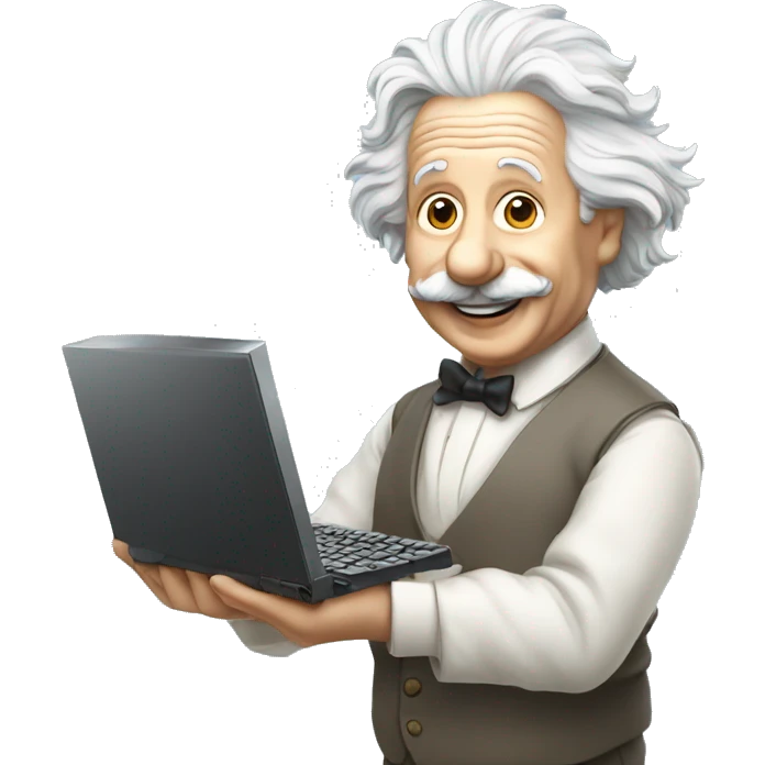 happy albert einstein holding computer in one hand emoji