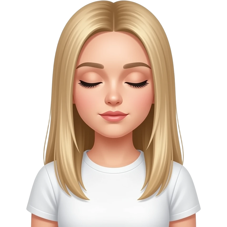 bella ragazza russa bionda capelli lisci lunghi e occhi chiari, con maglietta bianca e assonnata emoji