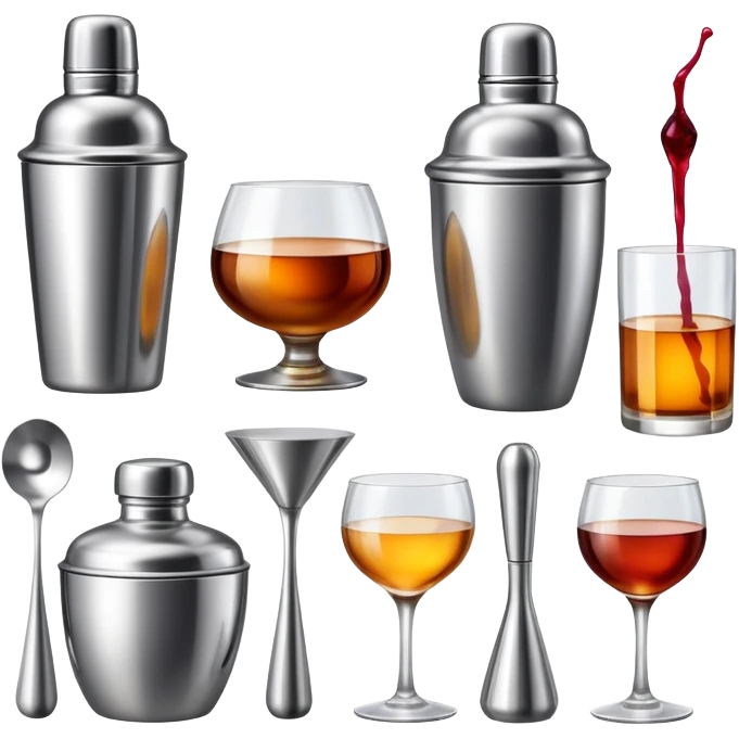 bar items set including cocktail shaker, wine glasses, whiskey bottle emoji