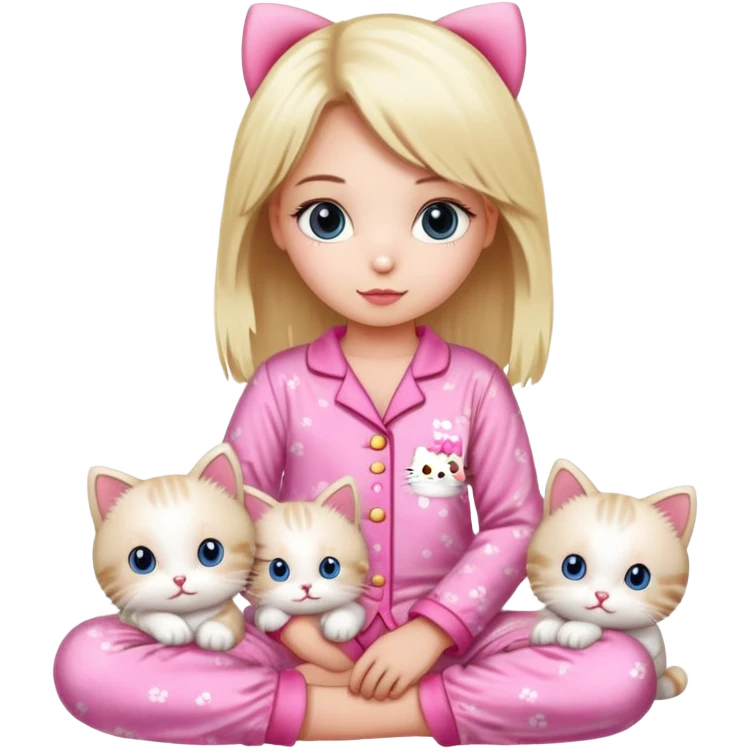 Blonde girl wearing pink Hello Kitty pajamas with two ragdoll cats emoji