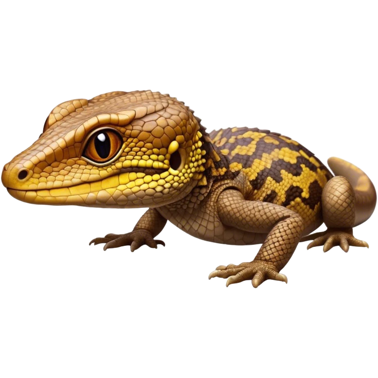Cinematic Cute brown camo spotted monitor Lizard Portrait Emoji, Head tilted playfully and inquisitively, with a sleek, patterned body accented by vibrant hues and round, sparkling eyes full of wonder, Simplified yet irresistibly adorable features, highly detailed, glowing with a warm, friendly glow, high shine, affectionate and lively, stylized with a touch of exotic charm, bright and endearing, soft glowing outline, capturing the essence of a mischievous yet captivating lizard that seems as if it could scuttle out of the screen into your arms! emoji