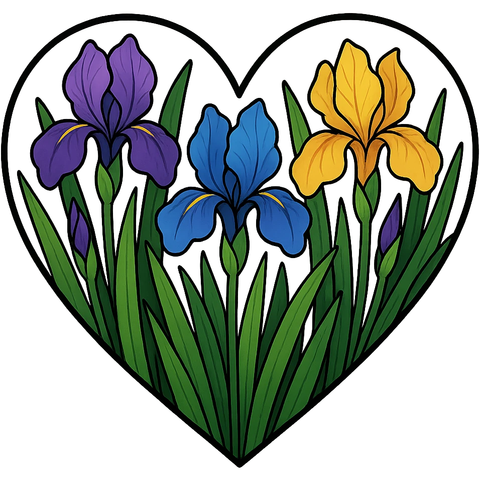 heart with a vibrant iris garden, clean digital illustration emoji