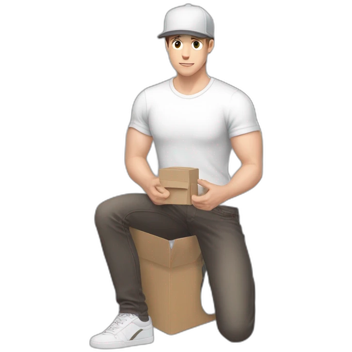 Pale skinned fit Man with dark brown hair in a light gray cap, dark brown jeans, brown polo and white T-shirt keeping a pasted with tape white box into his hands emoji