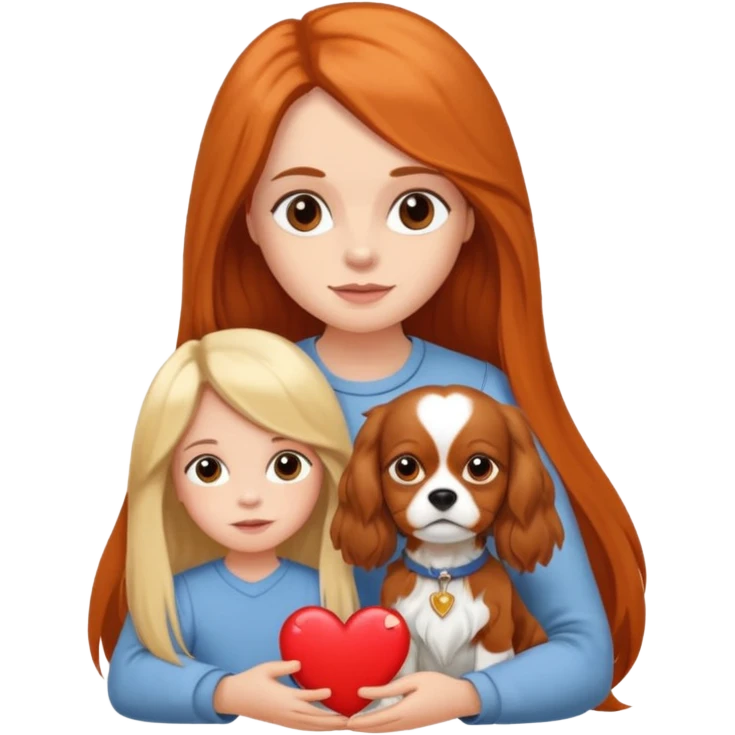 Little girl with a long fair hair with mom and cavalier king charles spaniel and heart emoji
