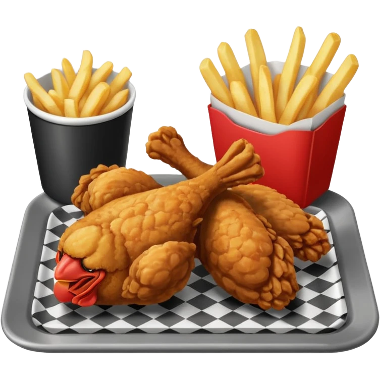 Fried chicken with fries in a grey rectangle plate with paper black and white  emoji