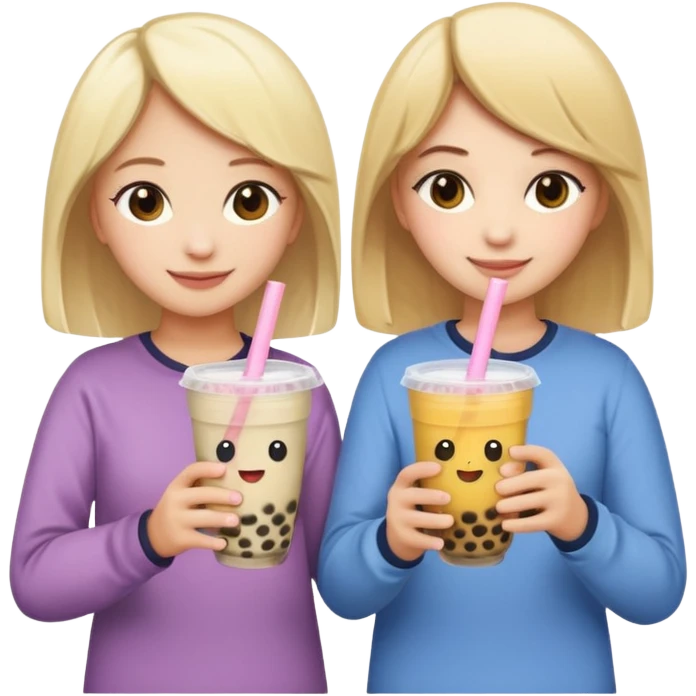 two friends, one blonde and one brunette, standing with their backs, hugging each other with one hand and holding bubble tea with the other, emoji style, with a heart above their heads emoji