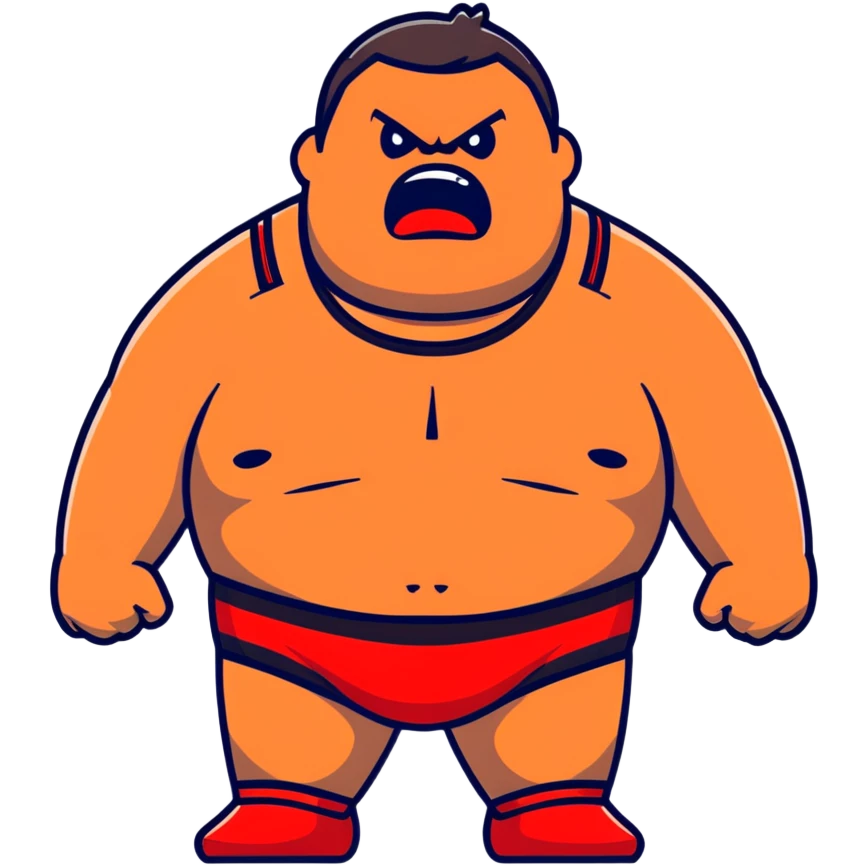 Close-up of white skin fat guy with young face, no muscle with prominent black durag, completely shaved face, no beard or mustache, black eyes in a red and black wrestling singlet with angry face emoji