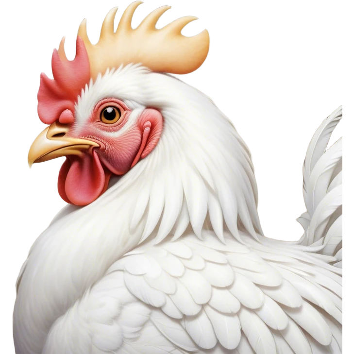 Meme-Worthy Cute Sleeping White Rooster Portrait Emoji, Head resting peacefully with a contented smile, showcasing a robust build and a luxuriously soft pure white plumage, eyes shut in a serene, restful nap, Simplified yet hilariously adorable features, highly detailed, glowing with a soft, drowsy light, high shine, relaxed and utterly lovable, stylized with an air of playful laziness, bright and heartwarming, soft glowing outline, capturing the essence of a comically sleepy rooster, so meme-worthy it feels like it could instantly become the next viral sensation of adorable slumber! emoji