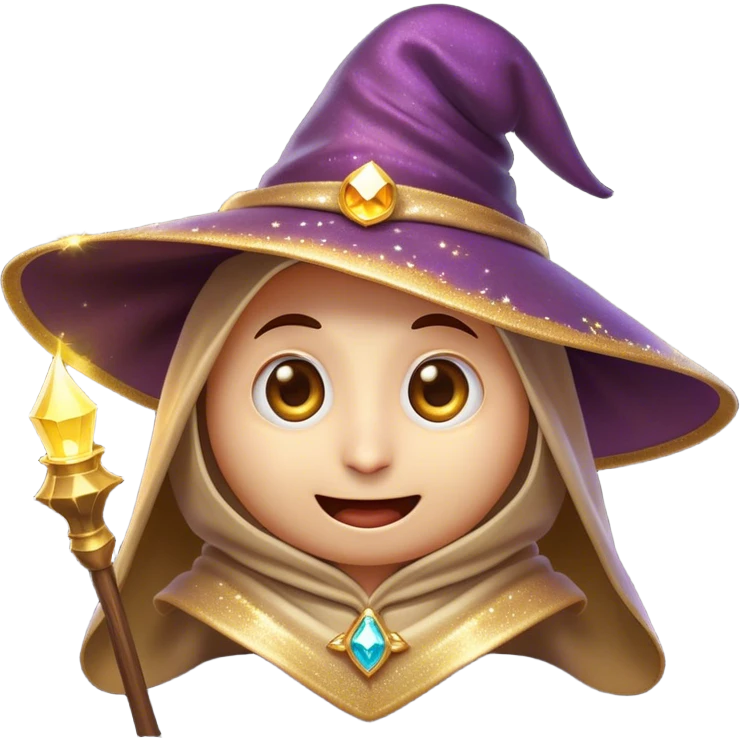Clash of Clans aesthetic Comical Mage Portrait Emoji, Head tilted dramatically with an exaggerated, fun expression and wide, comically expressive eyes beneath an oversized hat, featuring a quirky, compact robed form with animated magical sparkles and natural skin tone, Simplified yet hilariously expressive features, highly detailed, glowing with a slightly sassy enchanted glow, high shine, dramatic yet playful, stylized with an air of cheeky arcane mischief, soft glowing outline, capturing the essence of a meme-worthy mage who conjures laughter in epic quests! emoji