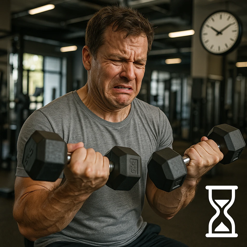 hyper realistic man doing many repetitions with light weights in gym, frustrated expression, clock or hourglass symbolizing passing time, realistic details, gym background emoji