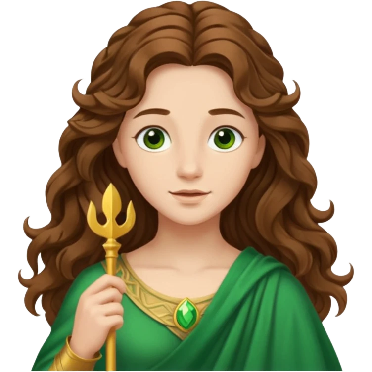Juno from The Olympians with long brown wavy hair, green stola emoji