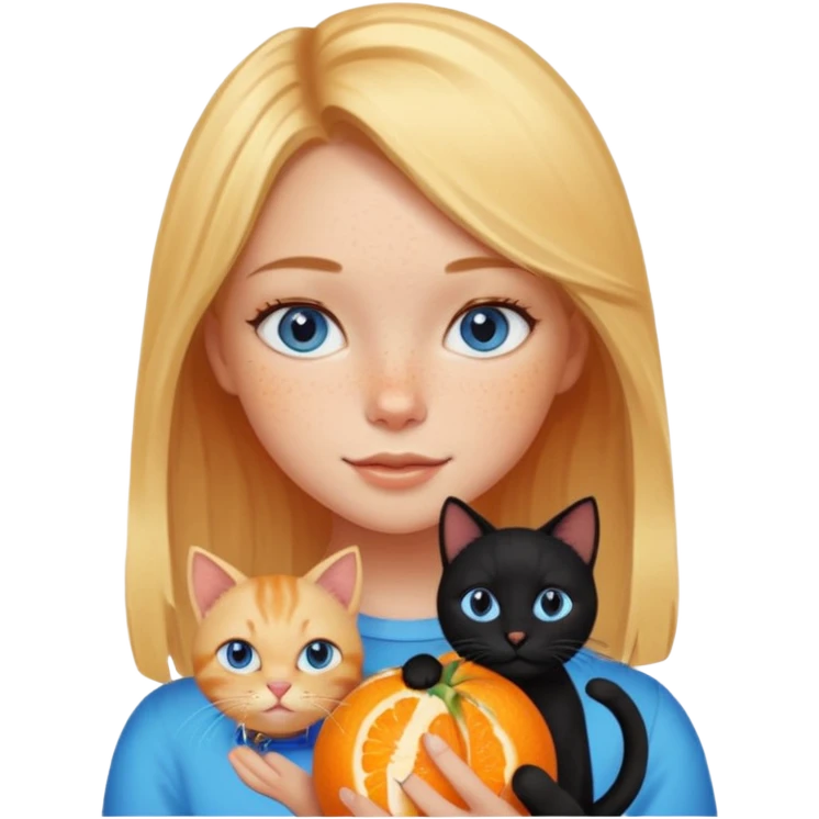 Cute blonde girl with freckles and blue eyes holding an orange colored  cat and a black cat emoji