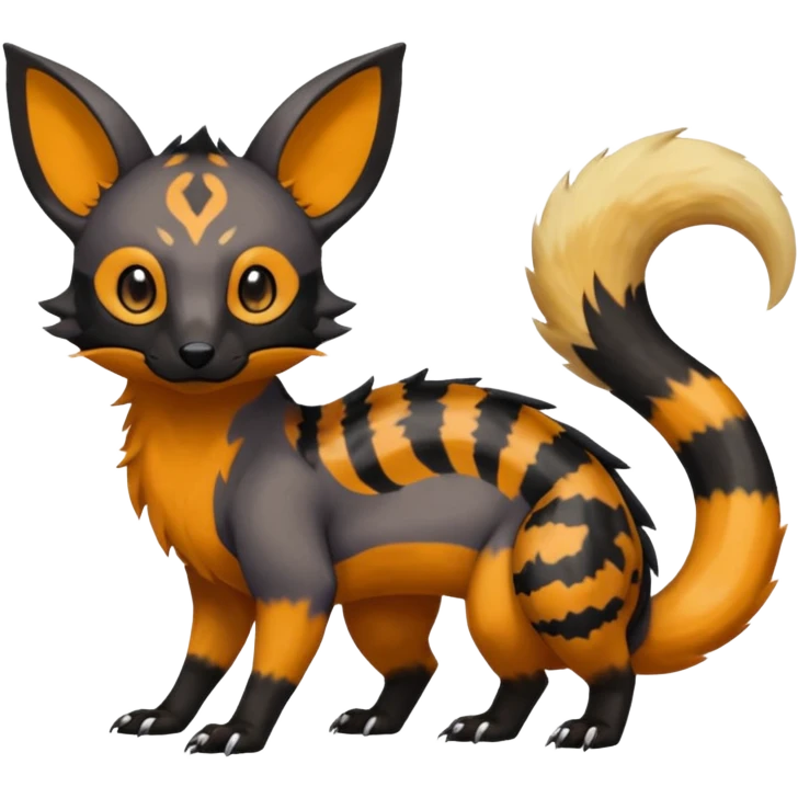 Rare exotic cute epic aesthetic gothic colorful Salandit-Eevee-Civet-species-Fakemon-hybrid-creature, with markings, full body emoji