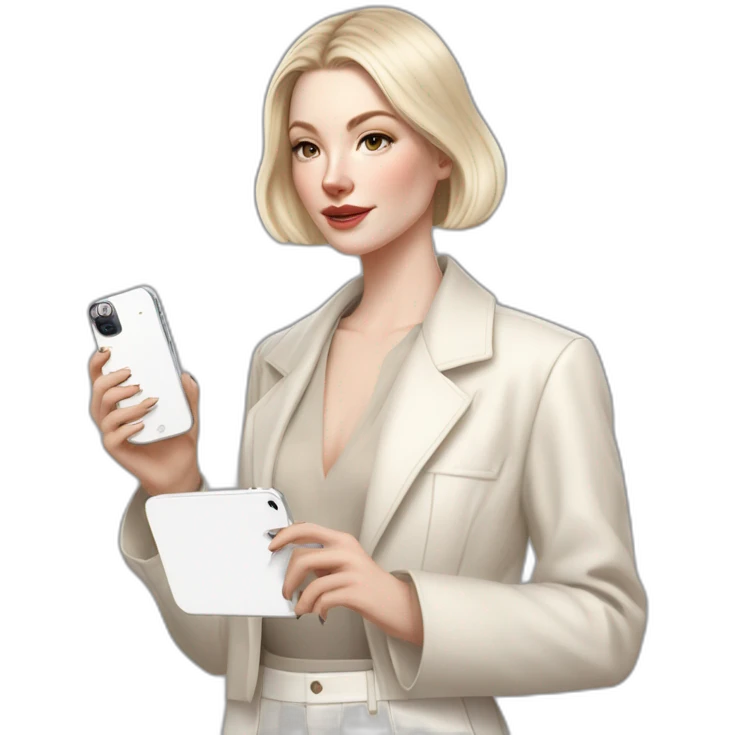 pale skin woman with ash blonde Straightened bob Hair, White Spacious classical jacket, beige palazzo Arrow pants and gray blouse holding white IPhone 14 pro in the hands emoji