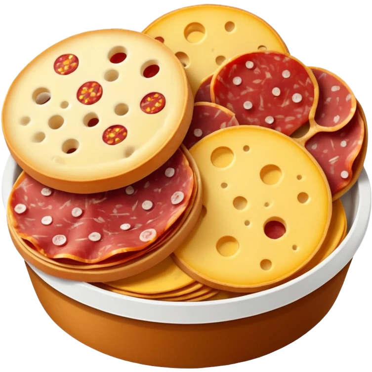 Hickory Farms Snack pack, circular bread chips, cheese slices, sliced salami emoji