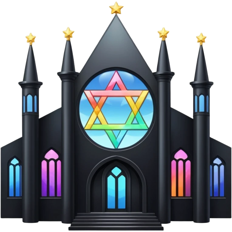 jewish synagogue temple in dark goth aesthetic style with black building and light rainbow tint glass windows and star of david and celestial symbolism emoji