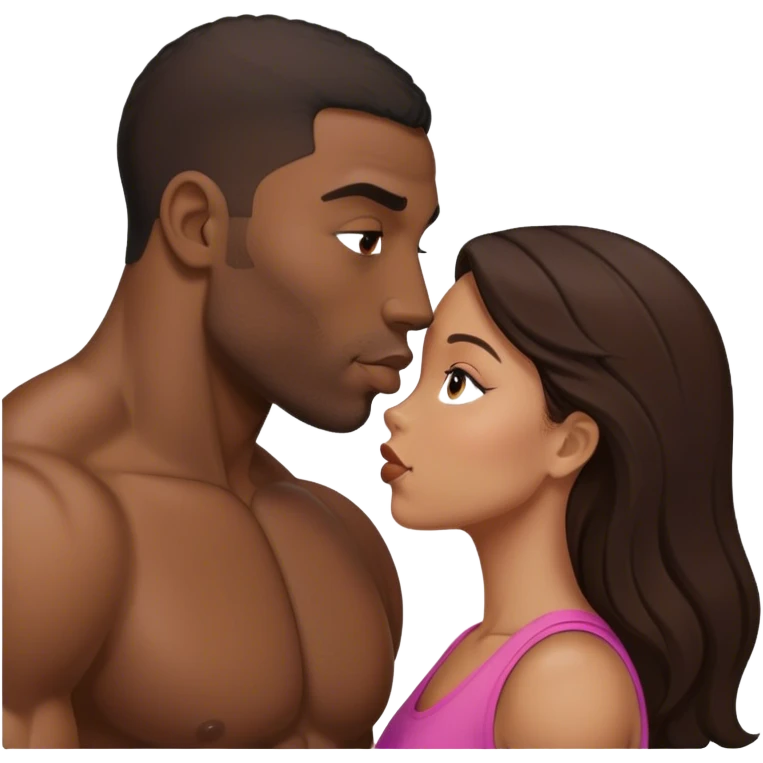 Black man with muscles kiss small brunette woman emoji