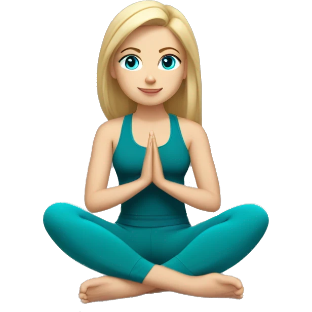 Blonde Yoga girl sitting legs crossed teal crop top blue eyes emoji