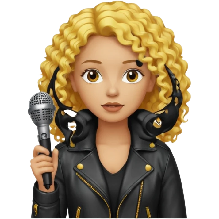 lether jacket  curly yellow hair woman holding microphone emoji
