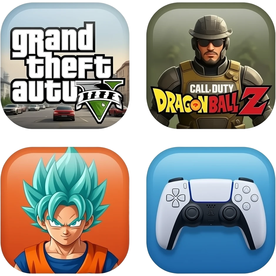 icone avec a l interieur des icone de jeu grand theft auto 5   call off duty et dragon ball z et une mannette ps5 devant emoji