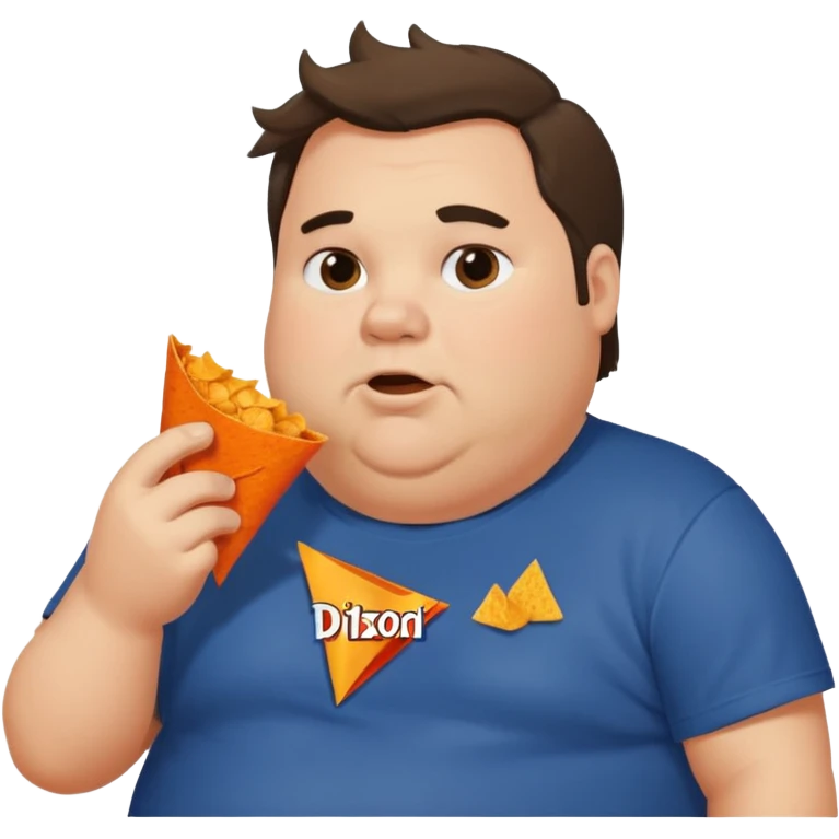 Fat man with greasy hair side part discord t shirt eating doritos emoji