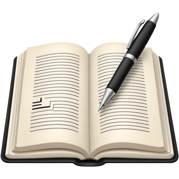 "A white open book,The pen should be positioned as placed exactly in the center between the pages.  if held by a right-handed person - meaning the direction is reversed compared to a left-handed grip. The pen should be uncapped, and the cap placed behind it." emoji