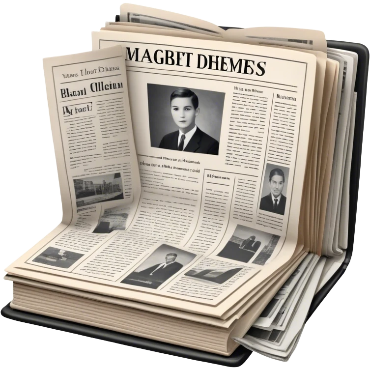Icon for Non-Fiction & Narrative Reading: an open book with black-and-white photos on the pages, surrounded by a pile of newspaper clippings, and an open folder with top-secret documents. The icon should reflect the blend of real stories and facts in non-fiction literature. Transparent background. emoji