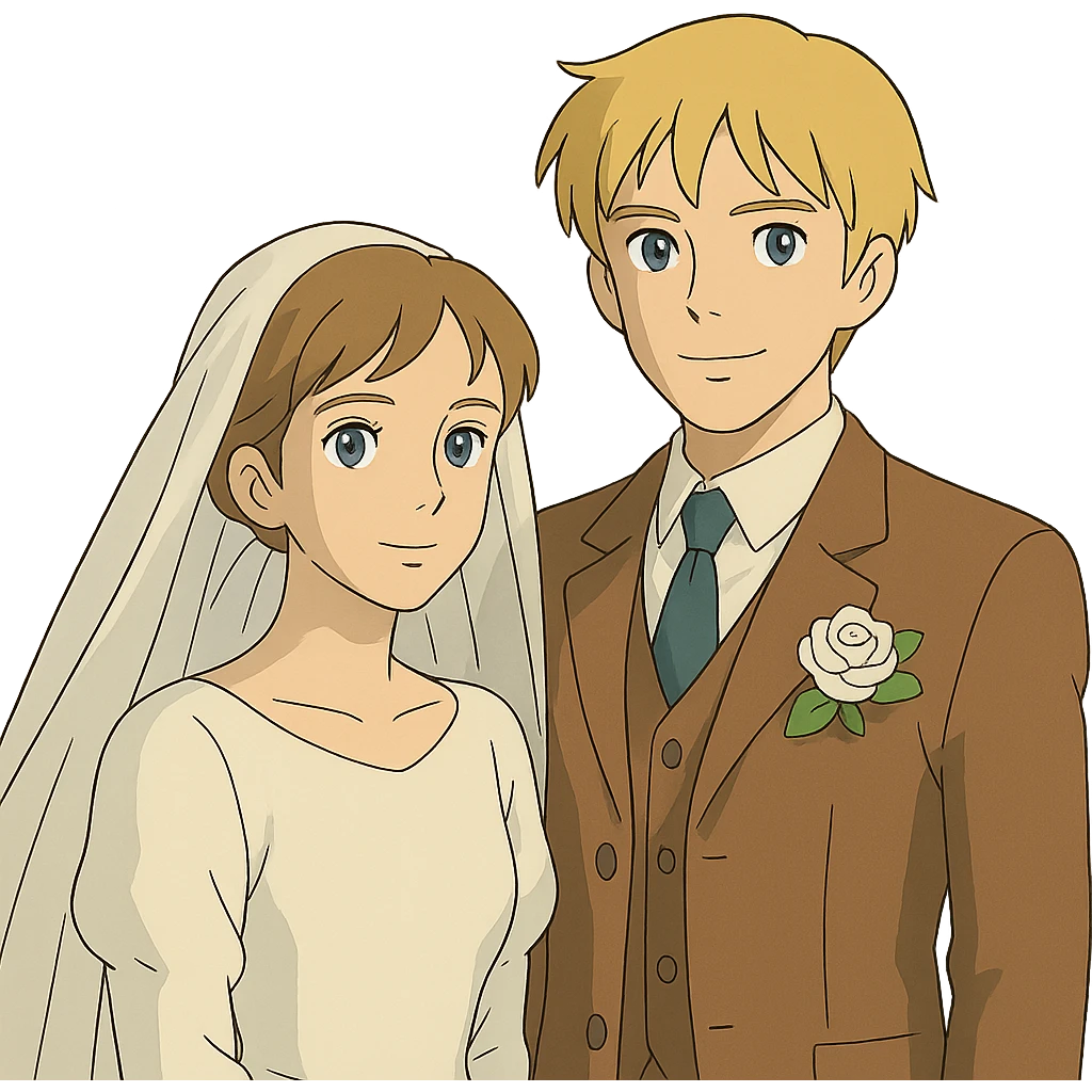 ghibli style portrait of a bride with light brown hair and grey-blue eyes, and a groom with blonde hair, blue eyes, wearing a brown suit emoji
