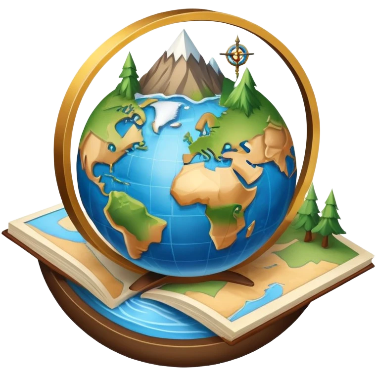 An icon featuring a globe, a compass, and a map, symbolizing geography. The design includes mountain ranges, rivers, and continents, representing the study of Earth’s landscapes and environments. Transparent background highlights the exploration and understanding of the world’s geography. emoji
