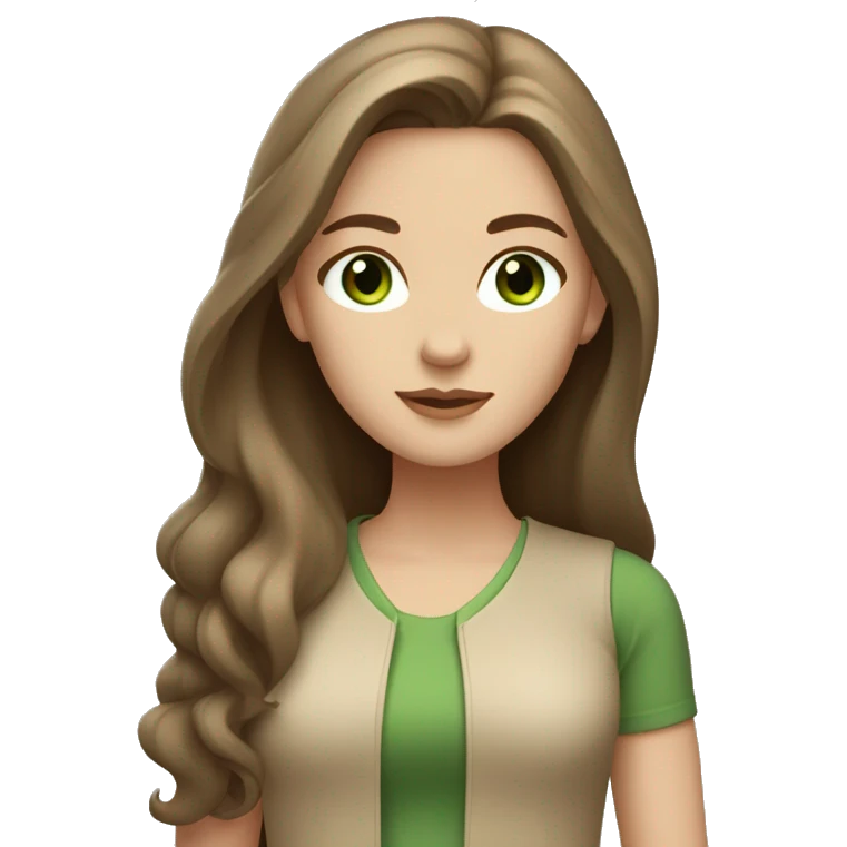 white girl with long brown hair and green eyes in beige clothes  emoji