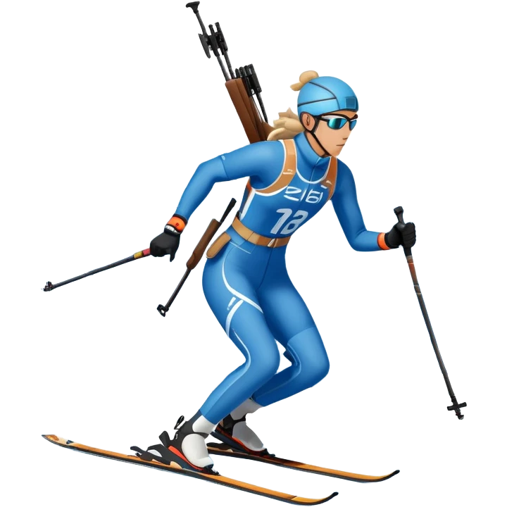 An icon featuring snow-covered trees, distant mountains, and a clear blue sky with a biathlete in motion, holding a rifle and skiing across a snowy course. Transparent background highlights the precision, endurance, and excitement of biathlon. emoji