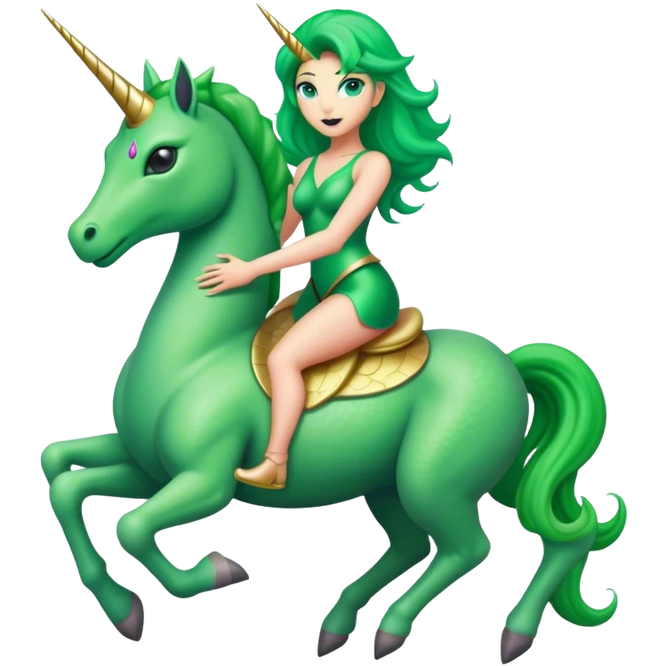 alien reptilian green woman, rides unicorn
 emoji