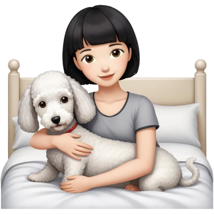 A girl with short black hair and bangs happily hugs a white Bedlington terrier emoji