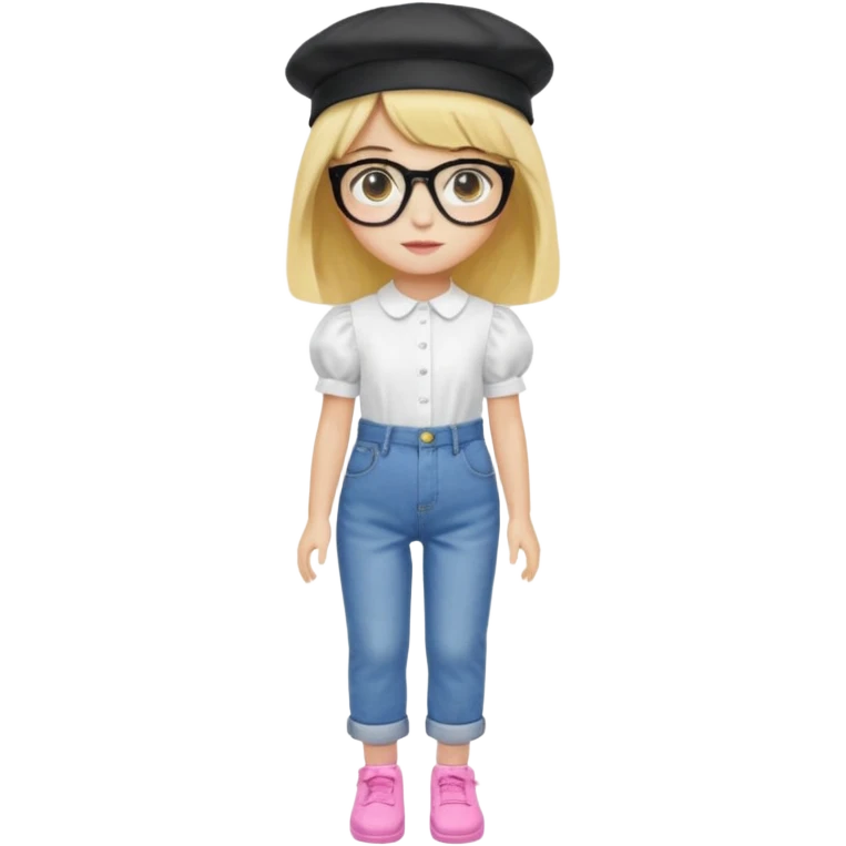 A yellow-skinned girl with medium-long straight hair, flat bangs, black frame glasses, a white puffy sleeve doll shirt, blue jeans and pink shoes, and a black painter's hat. emoji